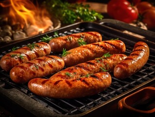 Grilled sausages food grilling. Generative AI