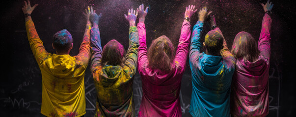 Captivating image of friends in vibrant raincoats, arms raised victoriously, amid paint splashes and confetti celebrating success; pure joy and excitement. Generative AI