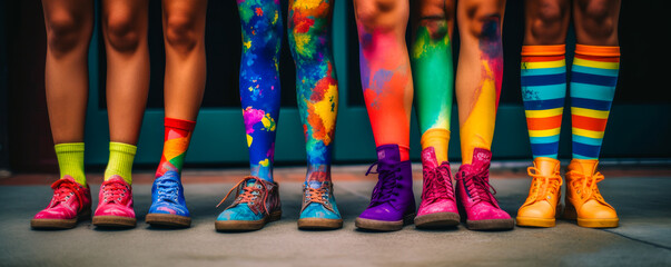 Friends wearing brightly colored socks walk on a painted sidewalk, symbolizing unity and a sense of belonging in diversity. Generative AI