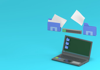Fototapeta na wymiar 3D illustration of the file transfer process on a black laptop with an isometric view and blue background