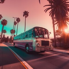 bus driving with palm trees and sunset Generative Ai