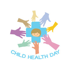 hands protect children with blue plus and word child health day vector