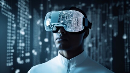 Man with virtual reality glasses, african man in virtual reality, white outfit, Generated IA