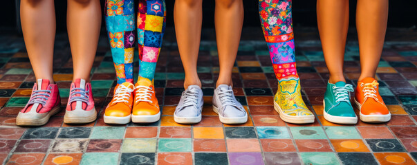 Captivating image of friends' vibrantly mismatched socks, displaying unity in diversity as they walk on a kaleidoscopic sidewalk, evoking heartfelt emotions. Generative AI