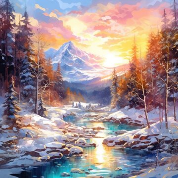watercolor winter landscape mountain Generative Ai