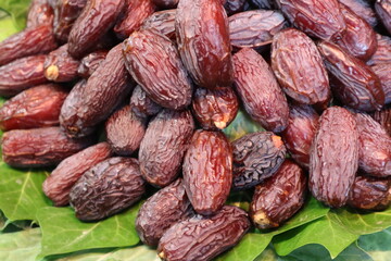 Ripe dates on the market, close-up