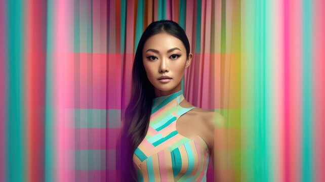 Fototapeta Young female model posing with trendy fashion outfit and colorful pastel mood optical art abstract background. Picturesque generative AI