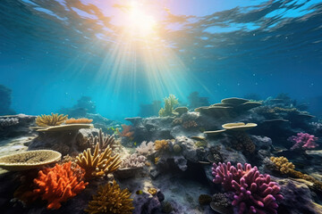 Under blue sea and colorful coral background. Summer and environment concept. Generative ai.