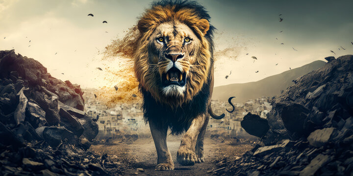 Captivating lion roaring amidst endless waste dump, powerfully symbolizing anger and eco-awareness. Striking message of endangered animals. Emotionally charged image. Generative AI