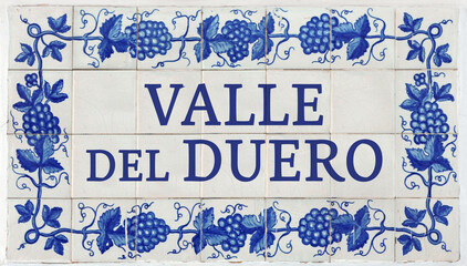 Valle del Duero on Frame of Azulejos (name of Portuguese tiles) with blue bunches of grapes	 - obrazy, fototapety, plakaty
