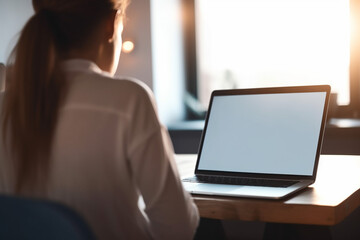 Young woman from behind, working at laptop at table, mock up white computer screen. Online learning, freelance concept Generative AI
