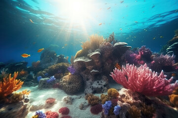 Naklejka na ściany i meble Under blue sea and colorful coral background. Summer and environment concept. Generative ai.