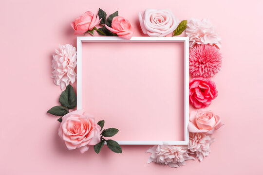 White frame mockup. Empty frame with pastel coloured flowers on pink background. Flat lay, copy space. Generative AI