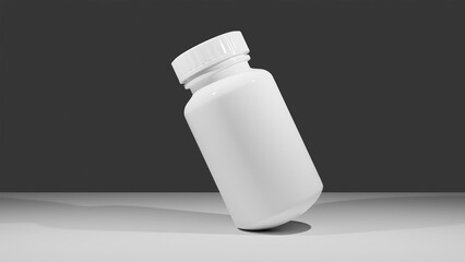 White supplement bottle for medicine with white floor and black background