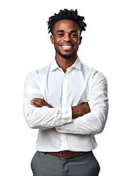 Portrait of a young smiling African American man looking at the camera with his arms crossed. Happy man standing successful businessman. Generated AI. PNG. Transparency.