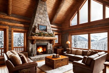 Fototapeta premium Winter Wonderland in a Cozy Mountain Chalet. AI Generated.
