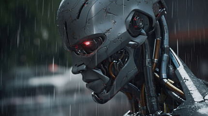 Fototapeta premium cyborg face angry expression with red glowing eyes. Generative Ai