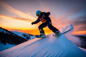 Riding the Powder: A Snowboarder's Journey Down the Slope. AI Generated.
