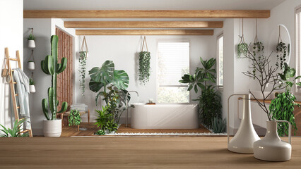 Wooden table top or shelf with minimalistic modern vases over spa modern bathroom with bathtub and many houseplants, urban jungle, biophilic interior design