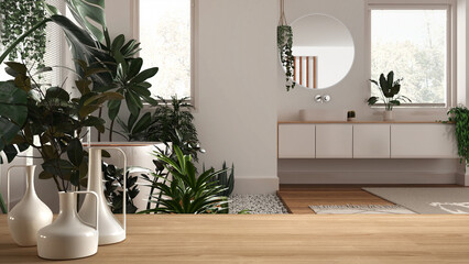Wooden table top or shelf with minimalistic modern vases over spa modern bathroom with bathtub and...