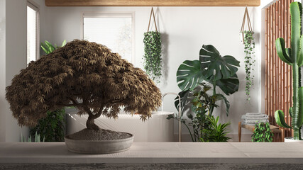 Vintage wooden table shelf with potted bloom bonsai, beige leaves, flowers, over modern bathroom with bathtub, cozy interior design, urban jungle concept idea
