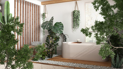 Fototapeta na wymiar Green summer or spring leaves, tree branch over interior design scene. Natural ecology concept idea. Bathroom with bathtub and many houseplants. Urban jungle design