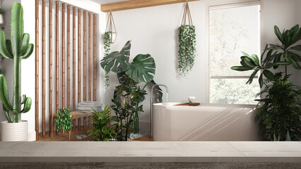 Wooden vintage table top or shelf closeup, zen mood, over sustainable minimal white bathroom with bathtub and many houseplants, architecture interior design, urban jungle