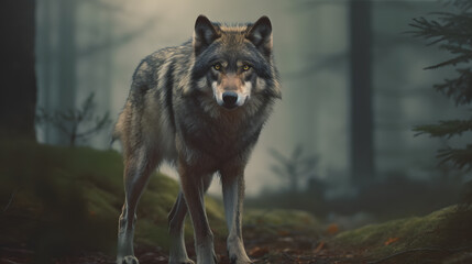 Naklejka na ściany i meble Animal Power - Creative and wonderful colored portrait of a wolf in front of a dark background in a forest that is as true to the original as possible and photo-like full body