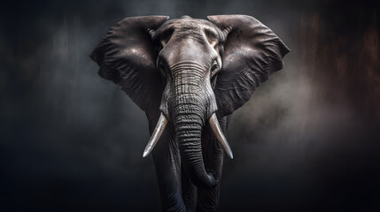 Fototapeta na wymiar Animal Power -Creative and wonderfully colored full-body picture of an African elephant in front of a dark background that is as true to the original as possible and photo-like