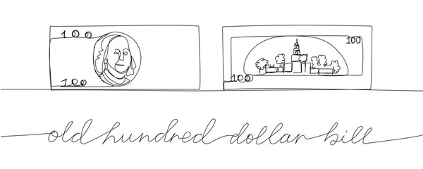 100 dollar bill old style on both sides one line art. Continuous line drawing of bank, money, finance, financial, payment, data, savings, wealth, credit with an inscription, lettering, handwritten.