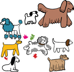 cartoon team of dogs of many breeds in a good mood