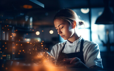 Woman chef preparing food in the kitchen. Generative AI.