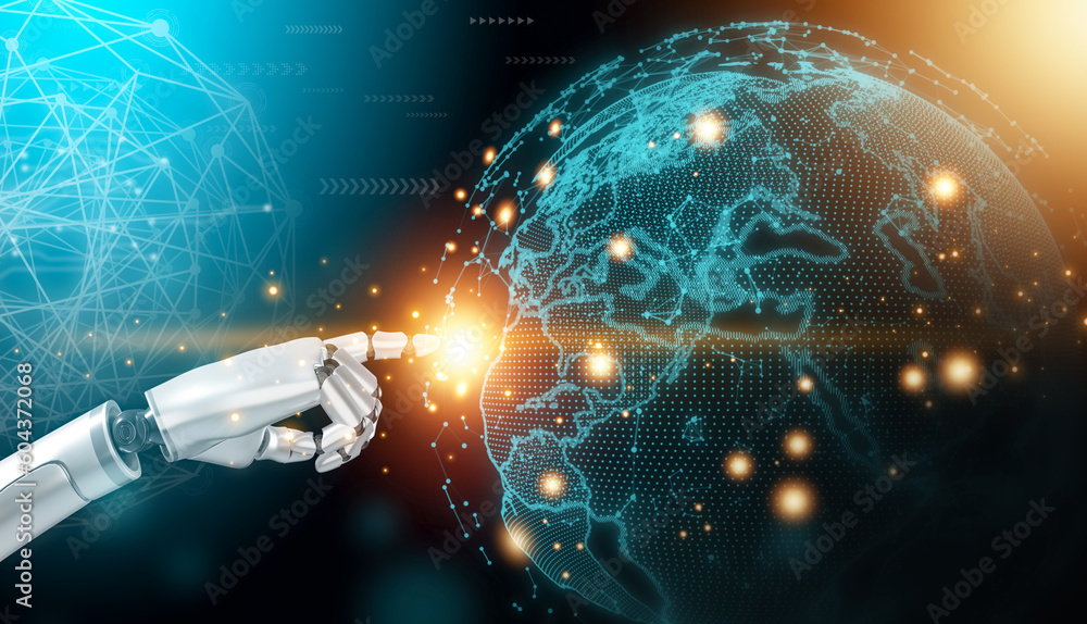 Poster robot hand touching the world virtual screen digital technology and virtual graphic interface and ar