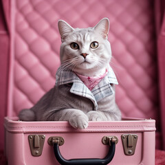 Adorable Short Haired Cat Sitting In Pink Luggage Case, Looking at Camera. Generative ai