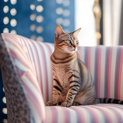 Fancy Cat Sitting on Striped Arm Chair, Looking at Camera. Generative ai