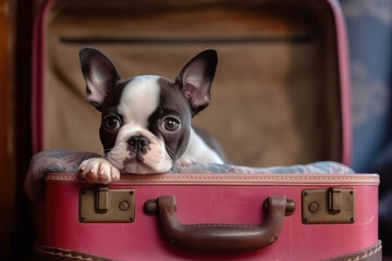 Adorable Boston Terrier Puppy Relaxing in Open Luggage Case. Generative ai