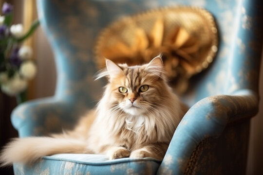 Fancy Cat Sitting on Arm Chair, Looking at Camera. Generative ai