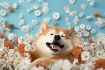 Adorable Shiba Inu Dog Sleeping in Flowers. Generative ai