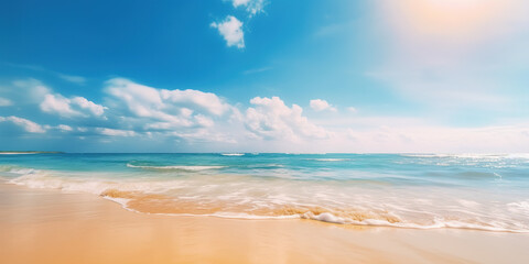 Fototapeta na wymiar Tropical summer beach with golden sand, turquoise ocean and blue sky with white clouds on bright sunny day. Colorful landscape for summer holidays. Generative AI