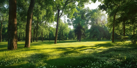 Beautiful warm summer widescreen natural landscape of park with a glade of fresh grass lit by sun. Generative AI