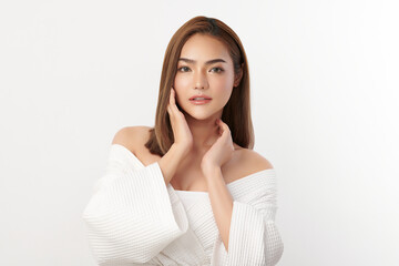 Fototapeta premium Beautiful young asian woman with clean fresh skin on white background, Face care, Facial treatment, Cosmetology, beauty and spa, Asian women portrait.