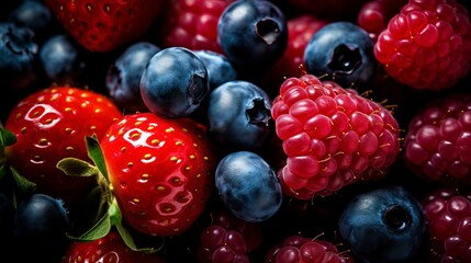 Berries closeup colorful assorted mix of strawberry, blueberry, raspberry and sweet cherry in studio on dark background. generative ai