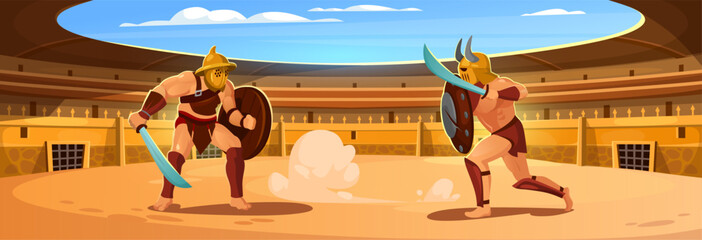 Gladiators fighting in a coliseum arena. Battle in an ancient Roman amphitheater. Warrior characters in armor with shields and swords in a stadium for game design. Cartoon vector illustration. © Microstocker.Pro