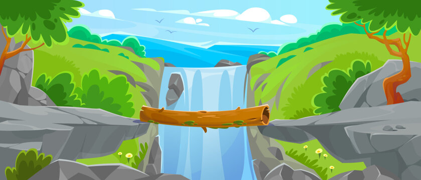 A log bridge between cliffs. A wooden bridge connecting rocky mountains. Landscape view of a road in a jungle with a waterfall in the background for a game level design. Cartoon vector illustration.