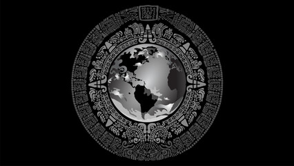 Black and white illustration of the planet earth framed by signs and symbols of the ancient Mayan peoples