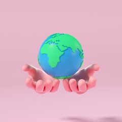 cartoon hand holding planet earth on pink background world day or environment day realistic 3d illustration