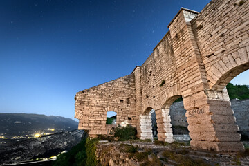 Fototapeta premium The nineteenth-century casemates of Fort Mollinary on a full moon night. Monte, Valpolicella, Verona province, Veneto, Italy.