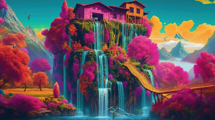 landscape with colorful temple. Generative Ai