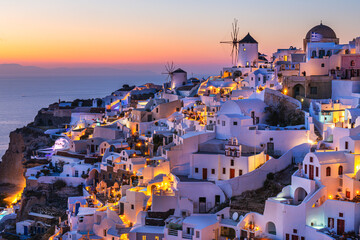 Night lights after sunset at Santorini island, Greece. - obrazy, fototapety, plakaty