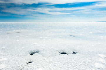 Fototapeta na wymiar White salt surface with water in Salar de Uyuni salt flat in Bolivia.